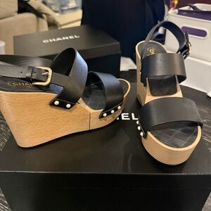 Chanel Black and Tan Leather Wedges